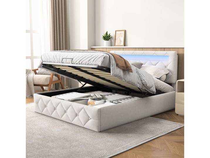 Lit capitonné 140x200 cm avec rangement hydraulique Lit coffre 140x200 cm avec sommier LED Cadre de lit double Velours Blanc