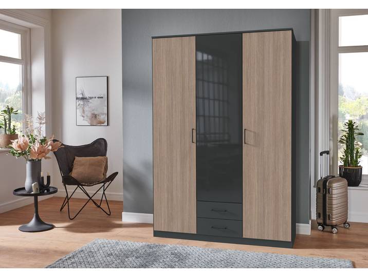 Drehtürenschrank Fulda 135cm Schwarz/Glas Grau