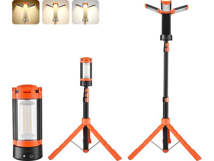 VEVOR Projecteur de chantier LED avec trépied\, lampe de travail 6 Ah\, lumière de camping rechargeable\, avec 3 têtes de lampe\, support de trépied amovible\, 2200 LM 3000 K-6500 K dimmable\, éclairage pour le chantier