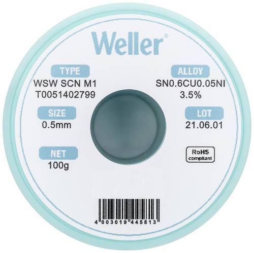 Weller T0051402799 Lötzinn, bleifrei bleifrei, Spule Sn0,6Cu0,05Ni 100g 0.50mm
