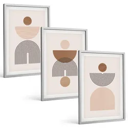 BILDER SET 3er Set - 40x60 cm Silberner Rahmen - Abstrakte braune Formen