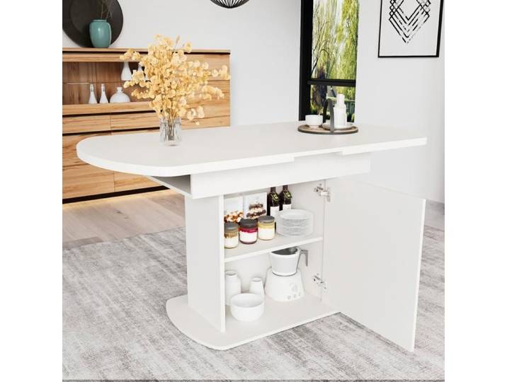 Table à manger extensible ovale - Becag - Table de salle à manger 110-130x70x75cm avec rangement - Table de cuisine - Blanc