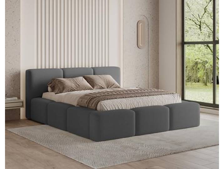Chilly. Möbel Design Bett Como - Polsterbett mit Bettkasten, Lattenrost und Kopfteil - 160x200 cm - Bouclé Dunkelgrau