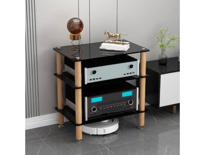 ZSCNYHMT HiFi Rack, 1-4 Ebenen Audio-Ständer mit Ablagen aus Hartglas Glasablagen, holzstruktur, flexible platzierung, für wohnzimmer und audiobereiche