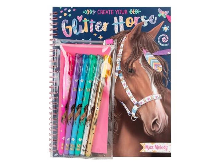 Depesche 12931 Miss Melody Creëer je Glitter Paarden - kleurboek met 30 pagina's om paardenmotieven te ontwerpen, incl. 6 glitter gelpennen