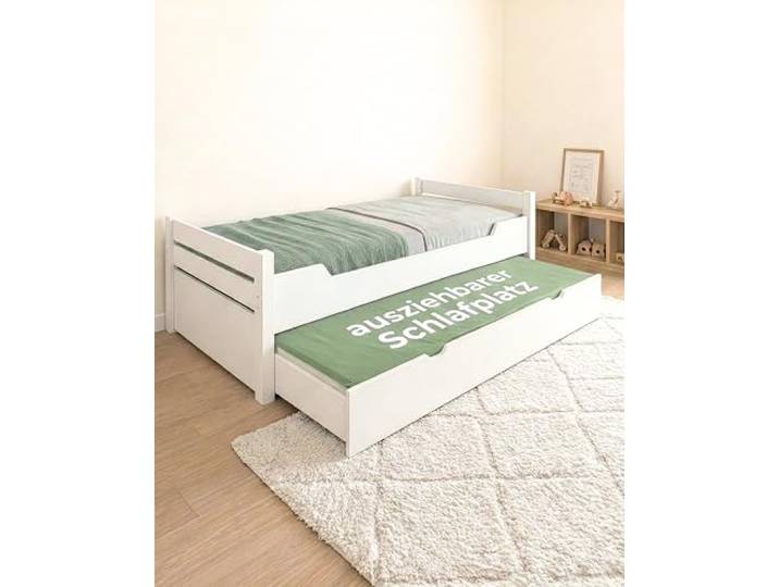 Steiner Shopping Easy-Premium-Line Kinderbett & Jugendbett in Weiß I 90x200 cm Bett inkl. Ausziehbett & Rollrost I Schneller Aufbau im Kinderzimmer I Stabiles Holzbett mit abgerundeten Kanten