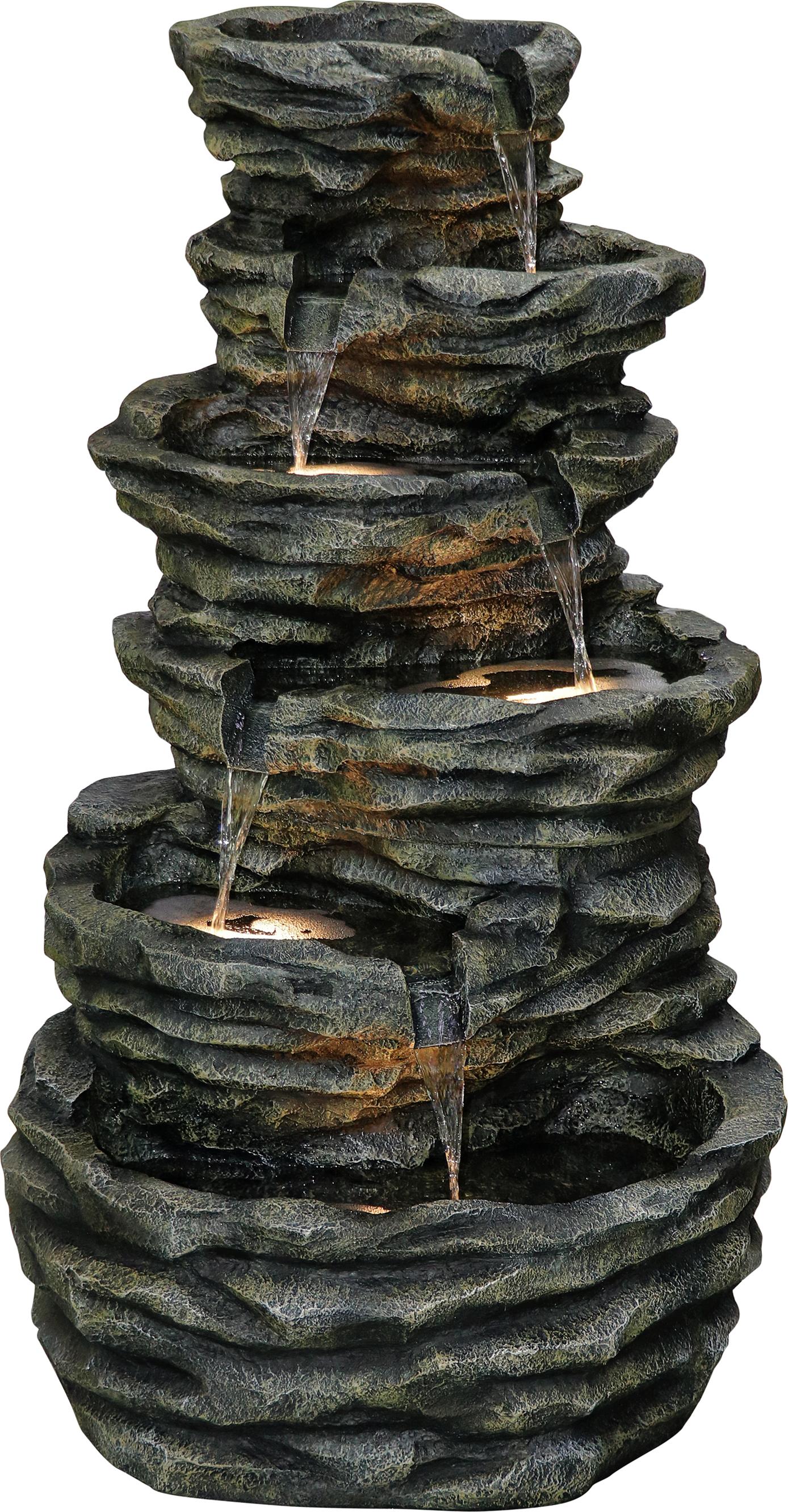 Dehner Gartenbrunnen Roccia, LED Beleuchtung warmweiß, Steinoptk, inkl. Pumpe / Trafo, 72 x 75 x 120 cm, 30 kg, Polyresin, braun / grau