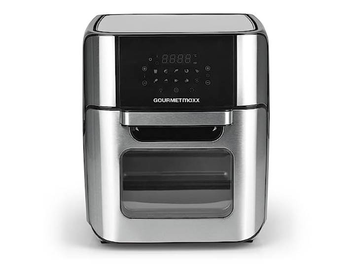 GOURMETmaxx Digitale hetelucht friteuse 12 L, XXL roestvrijstalen oven Airfryer + timer, touch display, draaiend spit Vetarm, energiezuinig frituren 10 Programma's incl. pizza 1800 W