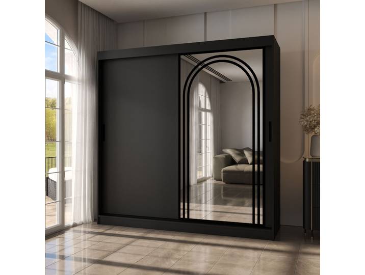 Kleiderschrank Schwarz Matt 10 Fächer 2 Kleiderstangen hochwertig Verarbeitet 200 x 62 x 200 cm Schiebetürenschrank dekorative Spiege