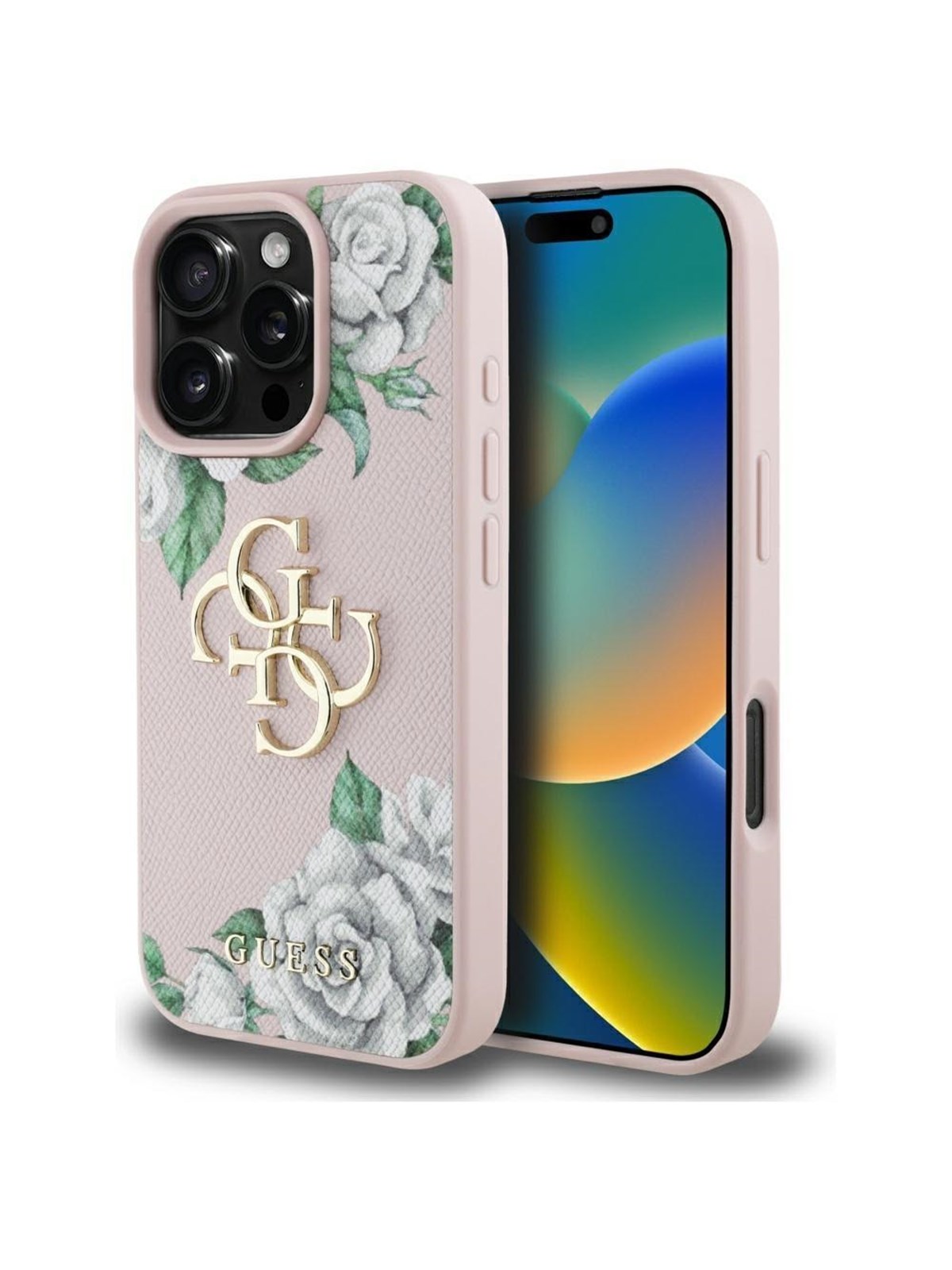 GUESS Grained Roses Big 4G logo iPhone 16 Pro case - pink