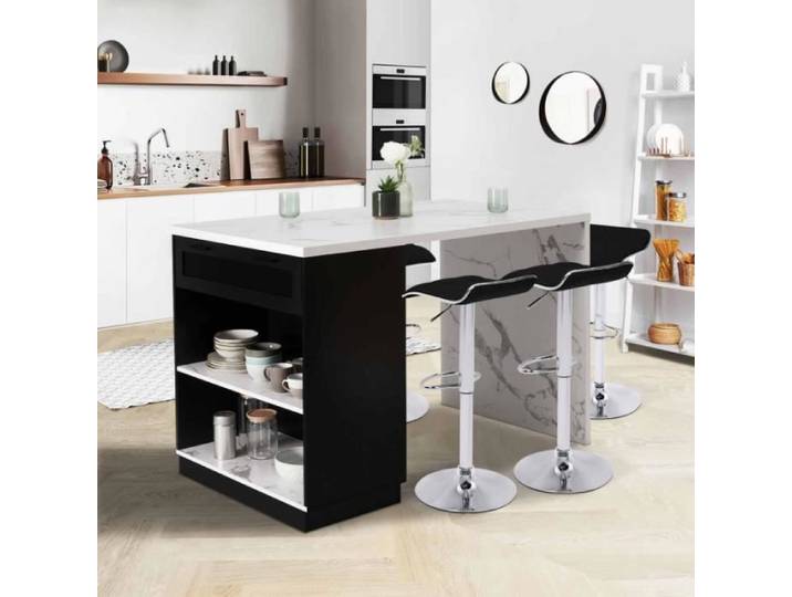 IDMARKET Ilot central mange debout 4 personnes VITO 130 cm noir et plateau effet marbre ALASKA