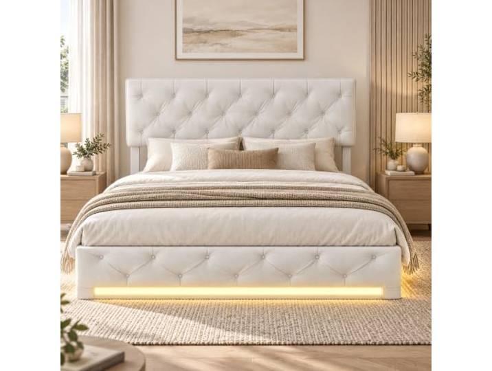 DULRLLY Jugendbett 140x200 mit Stauraum Polsterbett mit Bettkasten und LED Beleuchtung,Hydraulischer Stauraumbettrahmen, Bett Bettgestell mit Lattenrost, Boxspringbetten, Ohne Matratze,Linnen