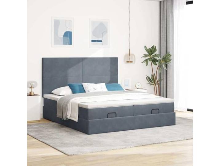 KTHLBRH Bettgestell Pouf 180 x 200 cm Samt dunkelgrau Mit Kopfteil, Stauraum, 2 Federkernmatratzen, 2 Matratzenauflagen