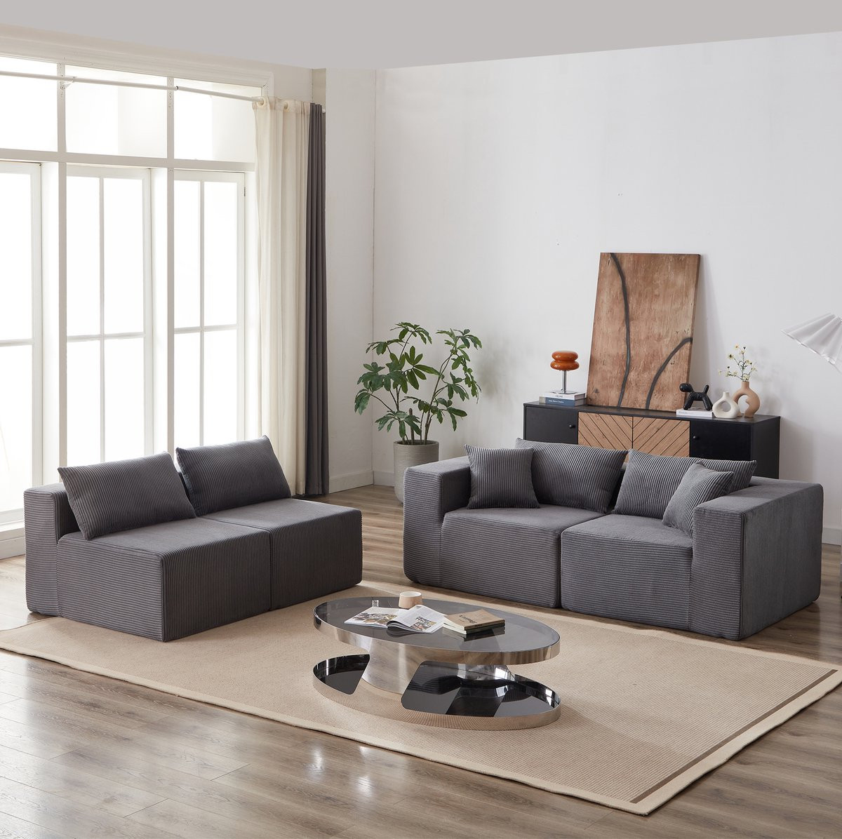 FloraGrace Modulaire Hoekbank 4-Zits - Grijs Ribfluweel