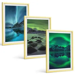 BILDER SET 3er Set - 40x60 cm Goldrahmen - Winterlandschaft der Aurora borealis