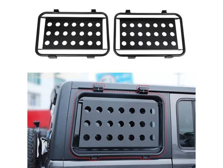 HOCAH Hinten Seite Fenster Glas Schutz Aufbewahrungsregal für Jeep Wrangler JL 2018+ Aluminiumlegierung Schwarz Auto Protection Halterung