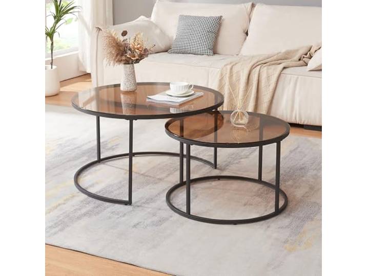[en.casa] Couchtisch Kokkola 2er Set Wohnzimmertisch rund Beistelltisch Schwarz Tischplatte aus Glas Kaffeetisch Metallgestell Satztisch Sofatisch Rauchglas, braun