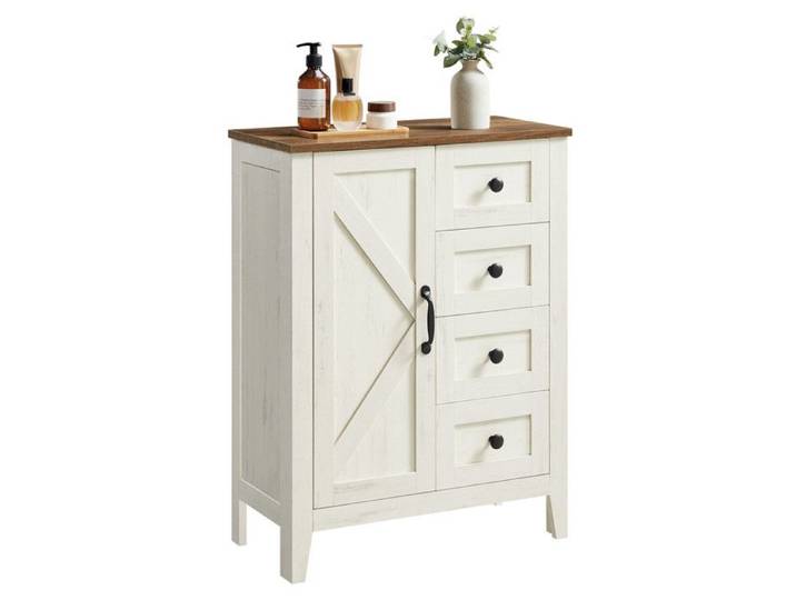 Armoire Salle de Bain - LIRY - 4 Tiroirs - Étagère Réglable - Blanc Rustique