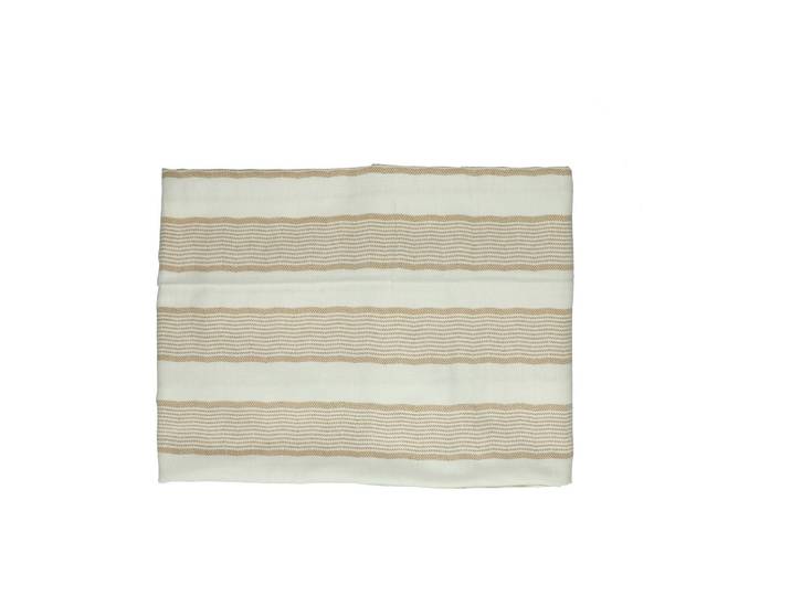 Nappe en coton et lin blanc et ambre, tissage chevrons, bandes am