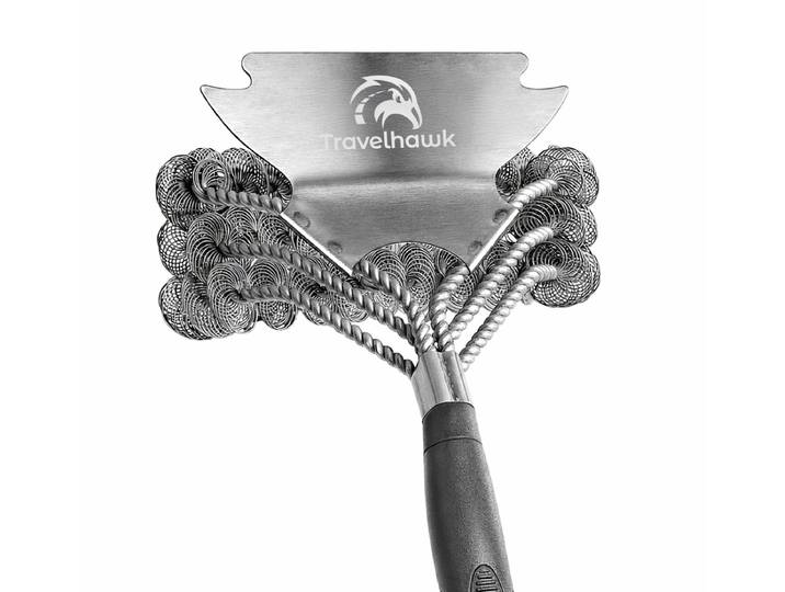 Travelhawk BBQ Borstel - Staal - Staalborstel - Reinigingsborstel - RVS Geborsteld - Barbecueborstel - Ergonomisch Handvat - Zilver