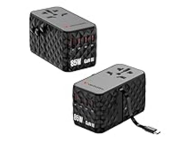 Verbatim Adaptateur de Voyage GaN 85W, Adaptateur Universel avec câble intégré, 3 Ports USB-C et 1 Port USB-A, Charge Rapide, Prise Universelle, utilisable dans Le Monde Entier, Noir, 100–250V