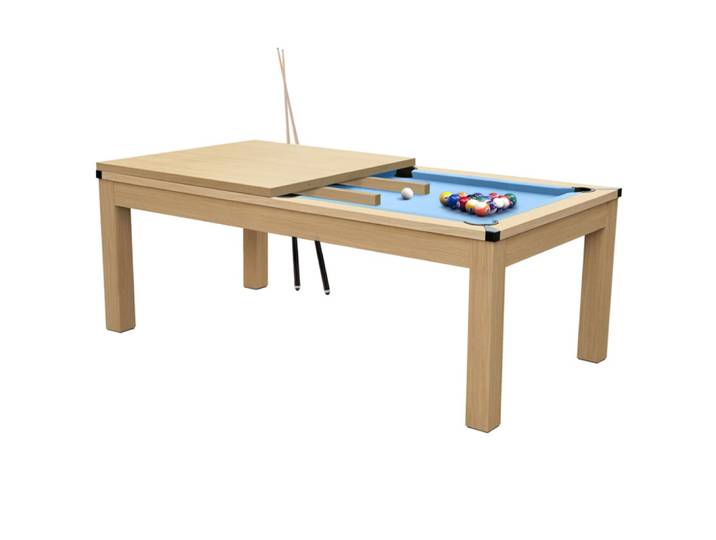 Table de billard convertible bois clair tapis bleu clair