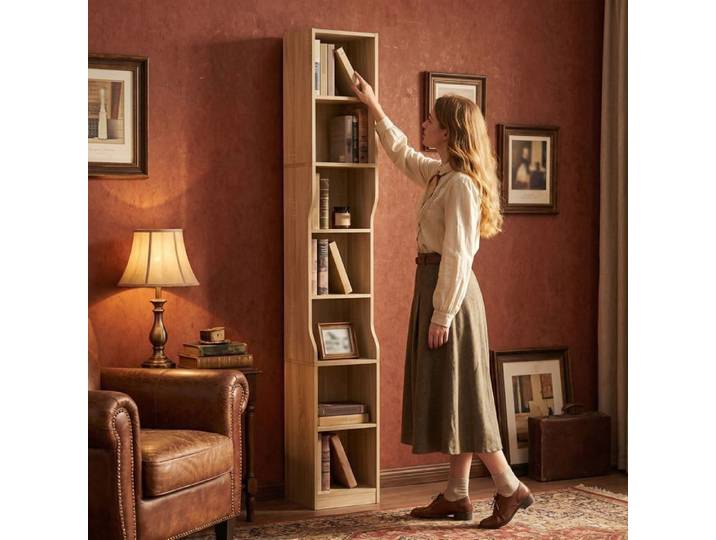 Fobfurny Bibliothèque haute chêne 7 étagères étroite angle stable. Parfait petits appartements