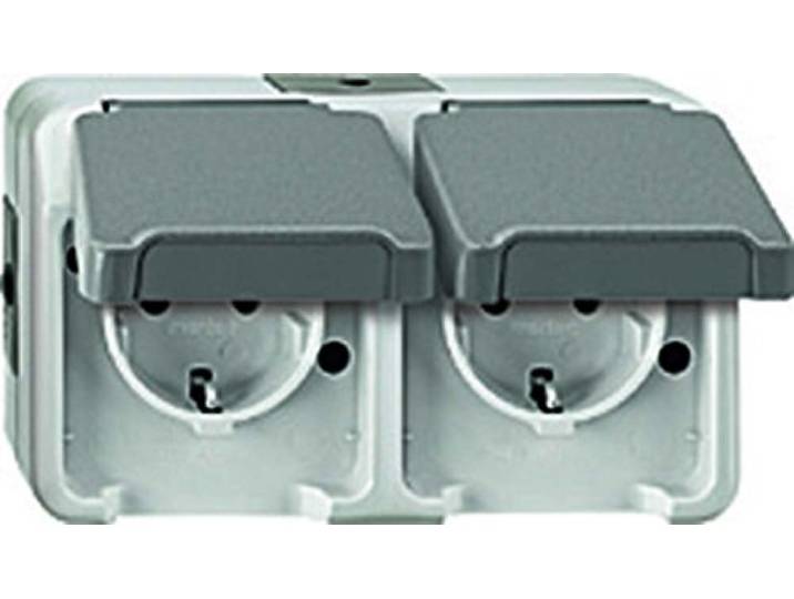 Merten MEG2390-8029 SCHUKO-drievoudige contactdoos, horizontaal geplaatst met BRS, lichtgrijs, AQUASTAR, grijs