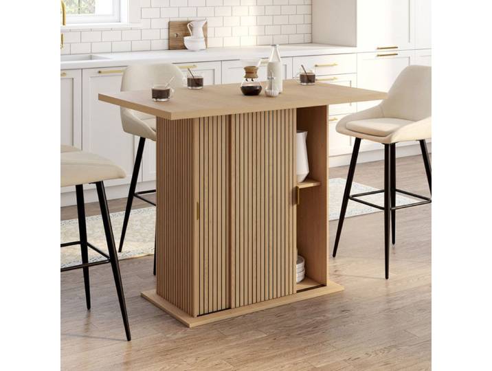 IDMARKET Ilot central 4 personnes JULIETTE 110 cm pied central avec rangement effet lattes tasseau de bois