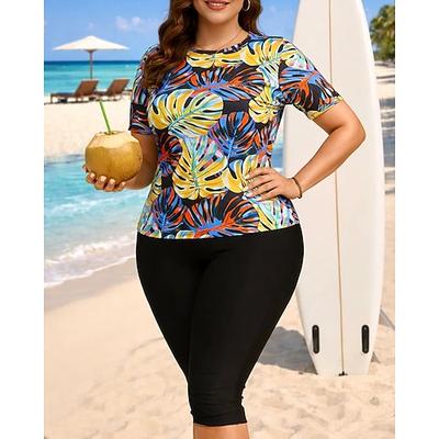 Damen Badeanzug Tankini 2 Teile Bedruckt Knielanges Bein UV Schutz Schnelltrocknend Elastisch Kurzarm Bademode Badeanzug Surfen Strand Schwimmen Sommer