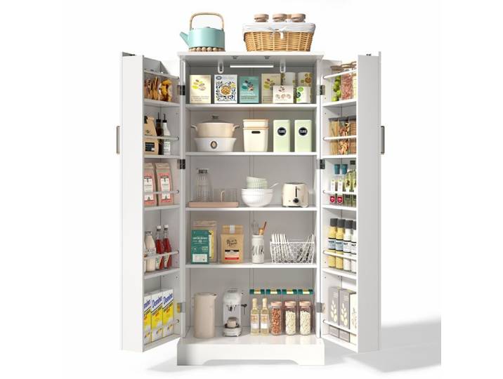 Buffet haut - HIBA - 60×35×128 cm - Éclairage LED capteur - 5 niveaux réglables - Blanc laqué