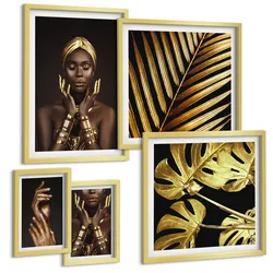 BILDER SET 5er Set - 50x50 cm & 20x30 cm & 40x60 cm Goldrahmen - Künstlerische Porträts von Frauen