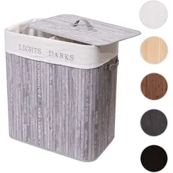 Wäschekorb HWC-C21, Laundry Wäschebox Wäschesammler Wäschebehälter, Bambus 2 Fächer 63x55x34cm 100l ~ grau-blau