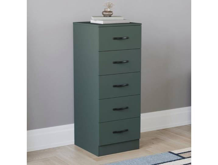 Commode étroite verte Riano avec 5 tiroirs poignées et glissières en métal – Meuble de chambre