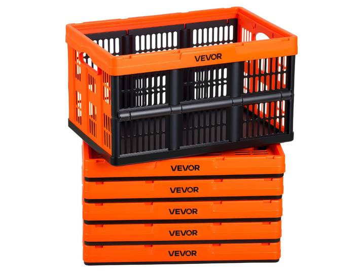 Lot de 6 bacs pliants VEVOR 45 L\, bacs de rangement pliables en plastique\, bacs empilables avec poignées\, capacité de charge de 15 kg par bac\, bacs pliants\, parfaits pour l'organisation de la maison\, orange et noir