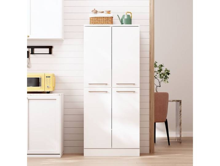 Armoire de garde-manger - Haute blanche brillante - 4 portes - Étagères réglables - Poignées métalliques
