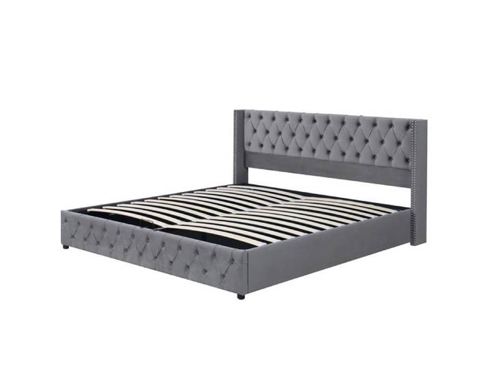 Lit coffre 140x200 cm – Gris – flanelle capitonnée – sommier à lattes inclus
