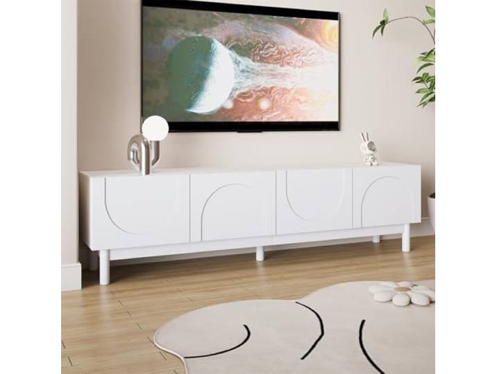 OLIVIBED Moderner TV-Schrank mit Wllenförmigen Türen, TV-Möbel mit Beine und Stauraum, Lowboard für Fernseher bis zu 70 Zoll, Fernsehertisch für Wohnzimmer, Griffloses Design, Weiß, 169x34x45.5cm