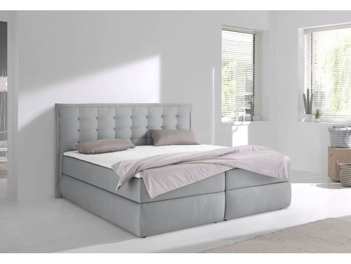 Boxspringbett, Feinstruktur, Grau, 215×210 cm, Kopfteil mit Flatterbiese & Knöpfen, Modern, Inosign