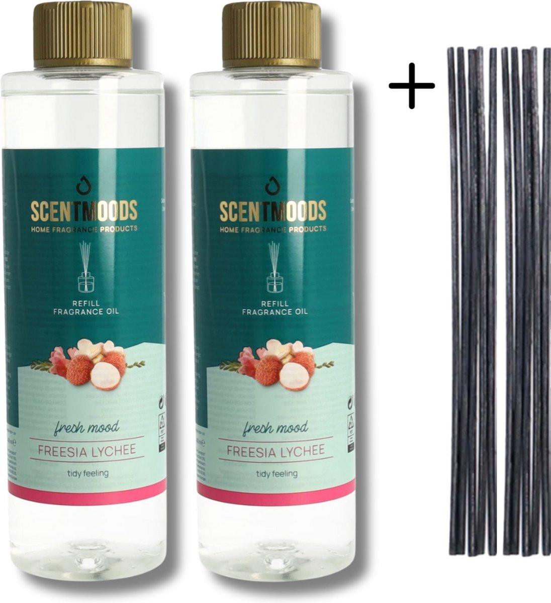 Scentmoods Geurstokjes Navulling Freesia Lychee Set van 2 x 400ml met 12 Geurstokjes