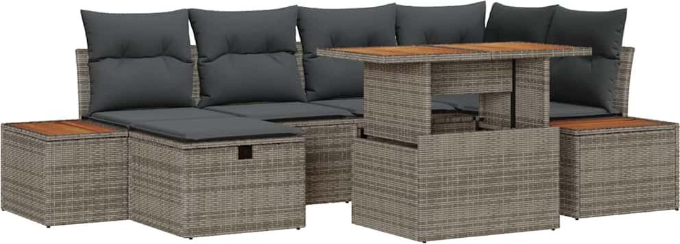 Gartenmöbel-Set, 7-teiliges Garten-Sofa-Set für 6 Personen, Poly-Rattan & Akazienholz, Stahlrahmen, höhenverstellbar, Grau