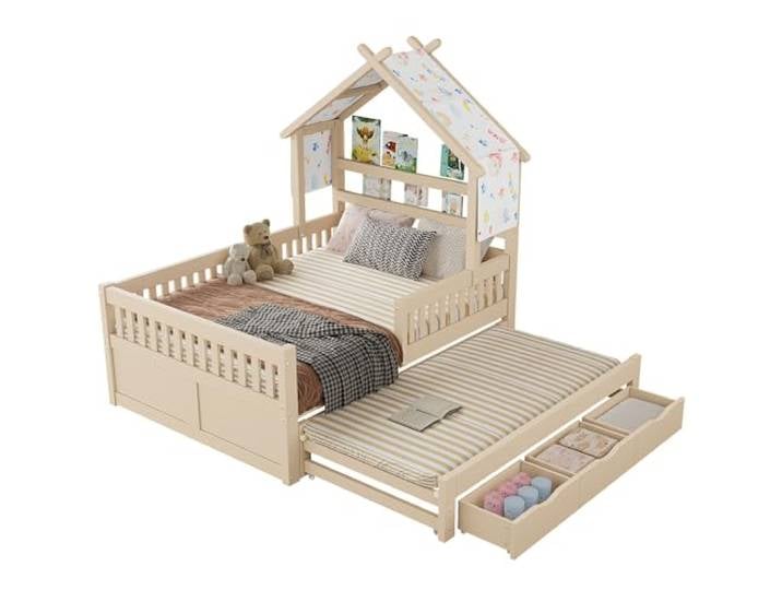 SOFTWEARY Hausbett mit Ausziehbett, Lattenrost, Zaun, Dach und 3 Schubladen, Kinderbett mit Rausfallschutz, Kiefer (Holz, 140x200 cm)