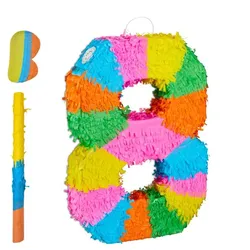 Relaxdays Pinata Zahl mit Stab und Maske Blau,Gelb,Rosa