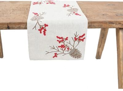 Manor Luxe Christmas Pine Cone Crewel Embroidered Table Runner 16 by 36-Inch