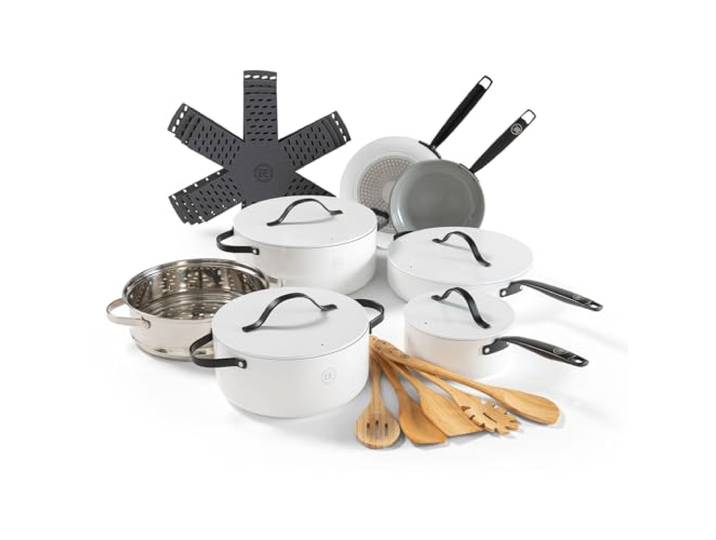 Be Living 20-teiliges Pfannenset - Pfanne induktion - Antihaft-beschichtung - Geeignet für alle Herdarten - Hitzebeständige Griffe - Enthält Bratpfanne, Stielkasserolle & Kochtopf - Weiß