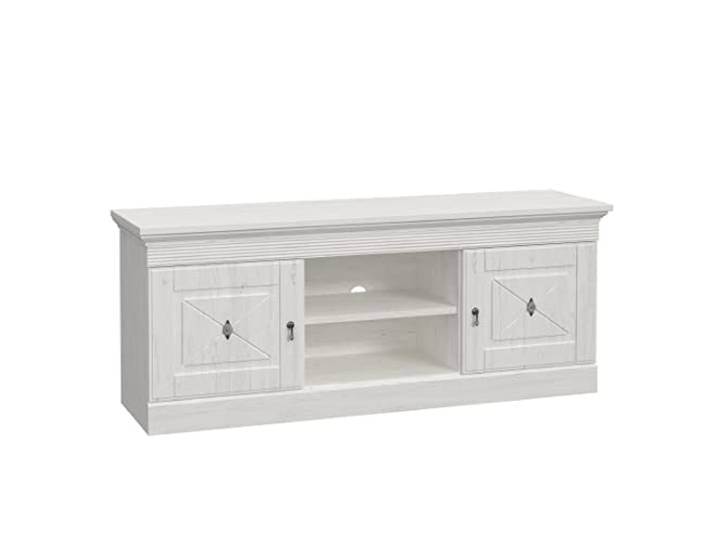 Newroom TV Lowboard 161 cm breit Pinie Weiß Landhaus TV Schrank 2 Türen mit offenem Mittelfach, Kabeldurchlass, Kassettenfront, Fernsehtisch, Sideboard, Vintage, für Flur und Esszimmer