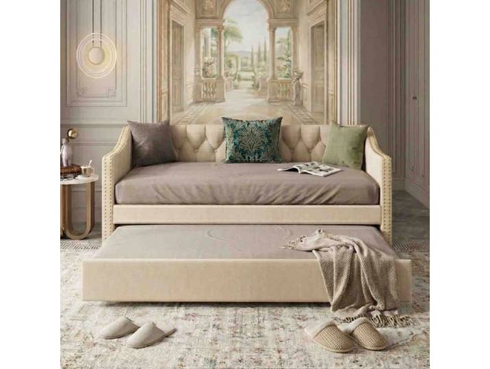 Lit Gigogne 90x200cm - Banquette Lit Capitonnée - Lit d'Appoint Coulissant - Tissu de Lin Beige