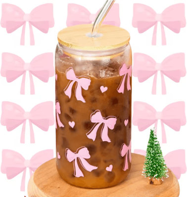 Inspire Picks Cherry Bow Glass Tumbler With Straw bow Style 1pc 500ml