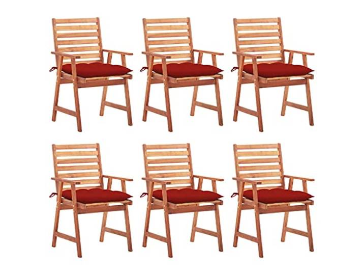 GHVBNMF Garten-Essstühle 6er Set mit Roten Kissen Massivholz Akazie Robuste Armlehnenstühle aus Echtholz für Veranda und Terrasse inklusive weicher Sitzpolster mit Befestigungsbändern.