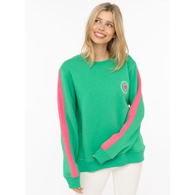 Sweatshirt ZWILLINGSHERZ "Smile Everyday", Damen, Gr. L/XL, grün (dunkelgrün), Sweatware, Obermaterial: 50% Baumwolle, 50% Polyester, Sweatshirts Sweatshirt, pinker Streifen am Arm, Rundhals, gesticktes Herz und Schrift